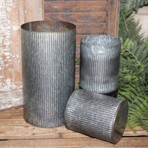 NEW Set of Rustic Corrugated Metal Zinc Farmhouse Cylinder Can Vases Pots